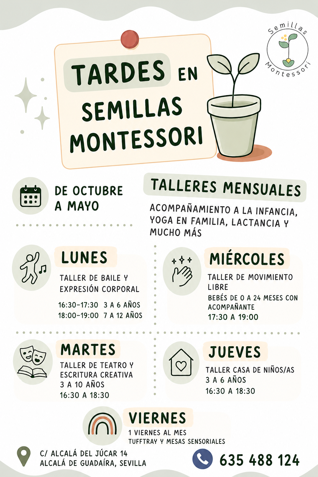 Cartel de Tardes en Semillas Montessori con los talleres de la semana